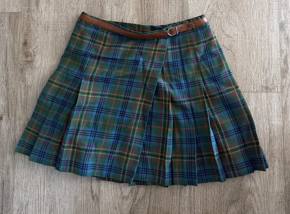 Vintage Ralph Lauren Wool Tartan Plaid Pleated Belted Wrap Mini Skirt Size 2